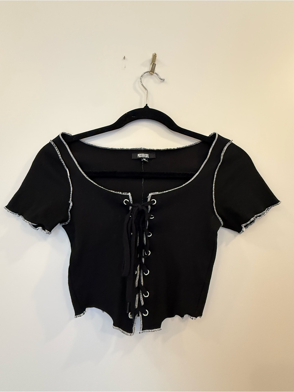 Black Lace-Up Crop Top with Contrast Stitching